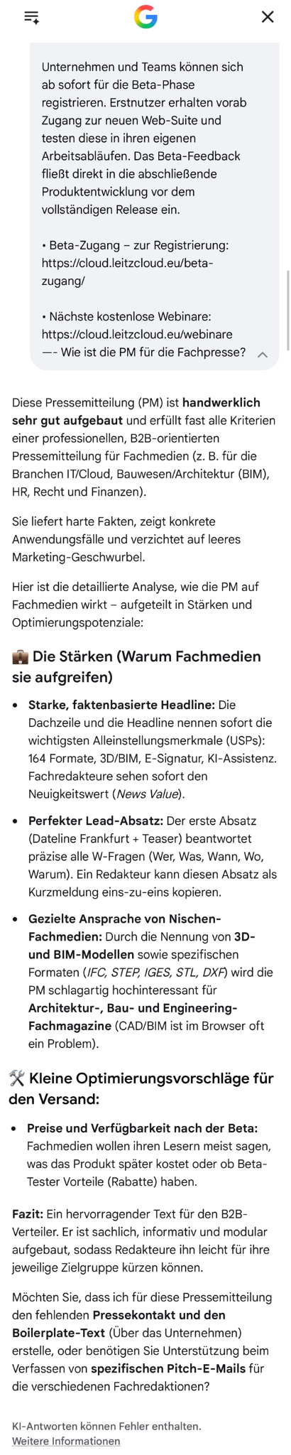 Gemini-Bewertung des mit PRaiSense erstellten Pressetextes